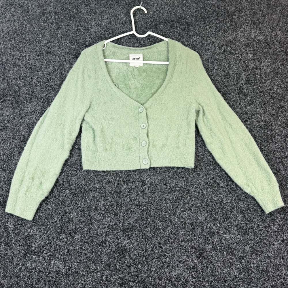 Aerie Fuzzy Cropped Cardigan‎ Sweater Sage Green V-Neck Button Front Small